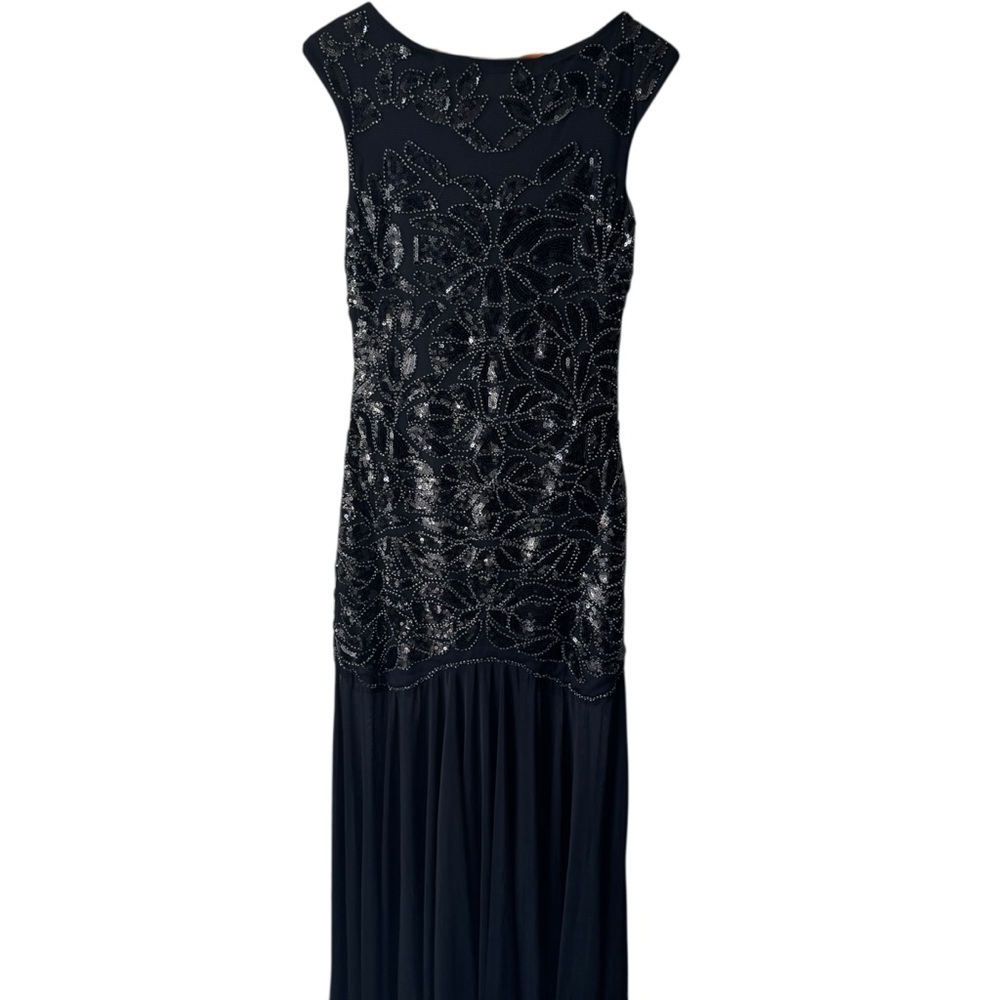 Beaded Sleeveless Boat Neck Bodycon Sheer Formal Maxi Dress Women's Large